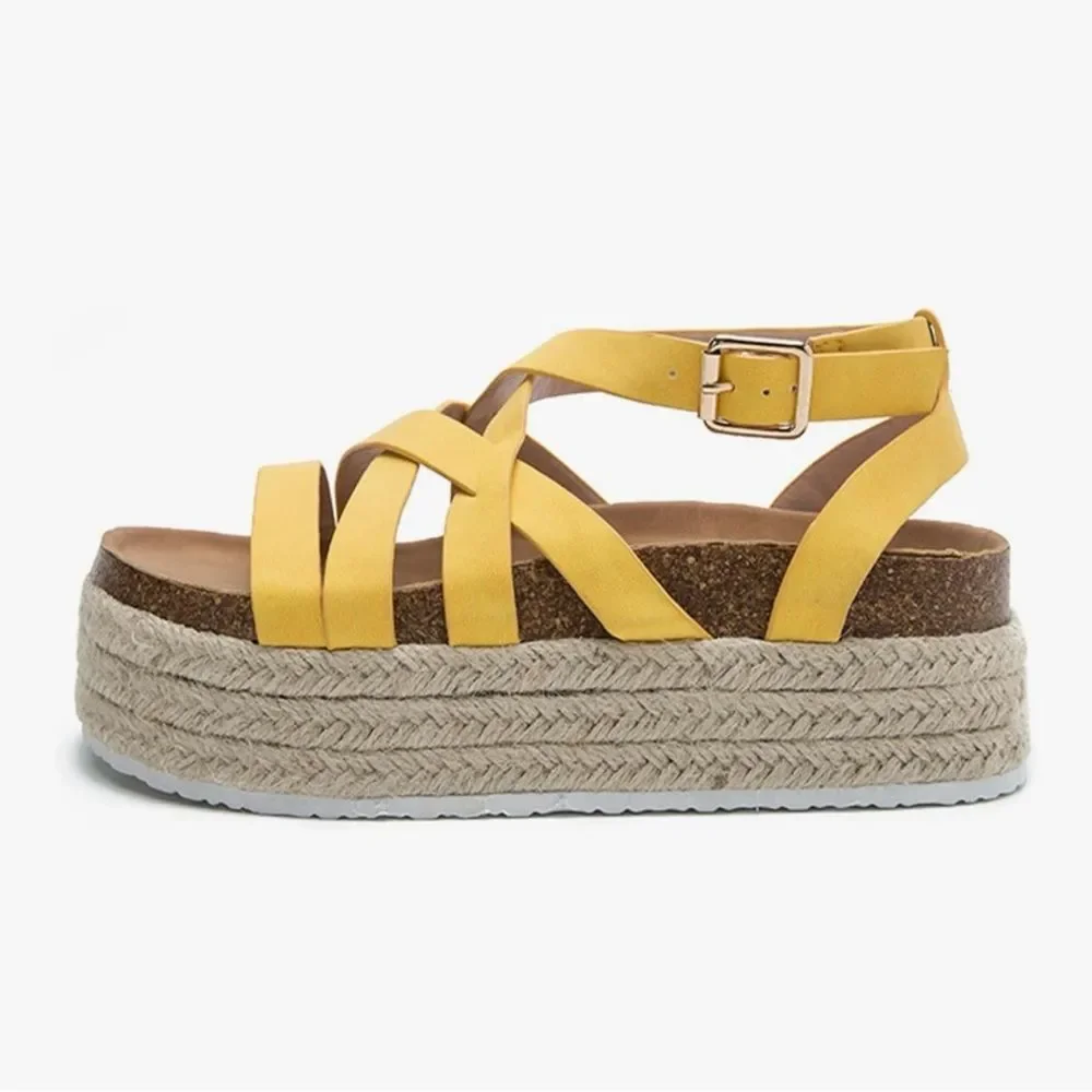 Yellow Strappy Espadrille Wedge Sandals
